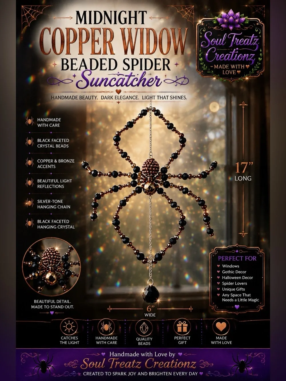 Black & Gold Beaded Crystal Spider Sun Catcher